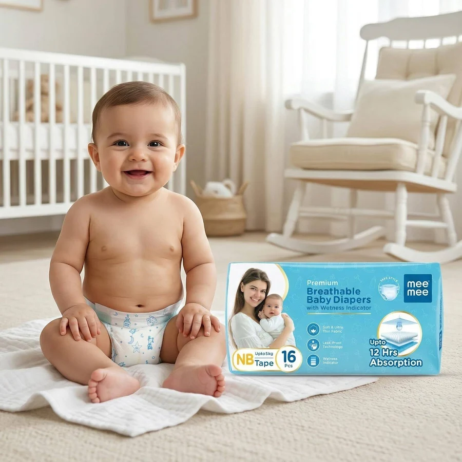 Mee Mee- Premium Breathable Baby Diapers - Up to 12 Hrs Absorption -16pcs
